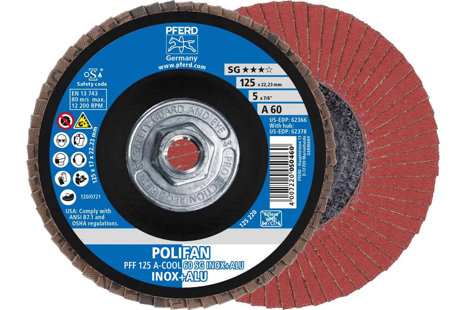 Picture of Pferd Flap Disc, 5" x 5/8-11, A-Cool SG Inox+ALU, 60 Grit, T27, Flat, Aluminum oxide